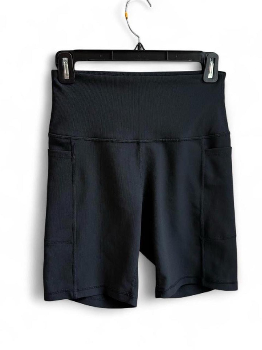 Danskin Black High-Rise Ribbed Biker Shorts with Side Pockets